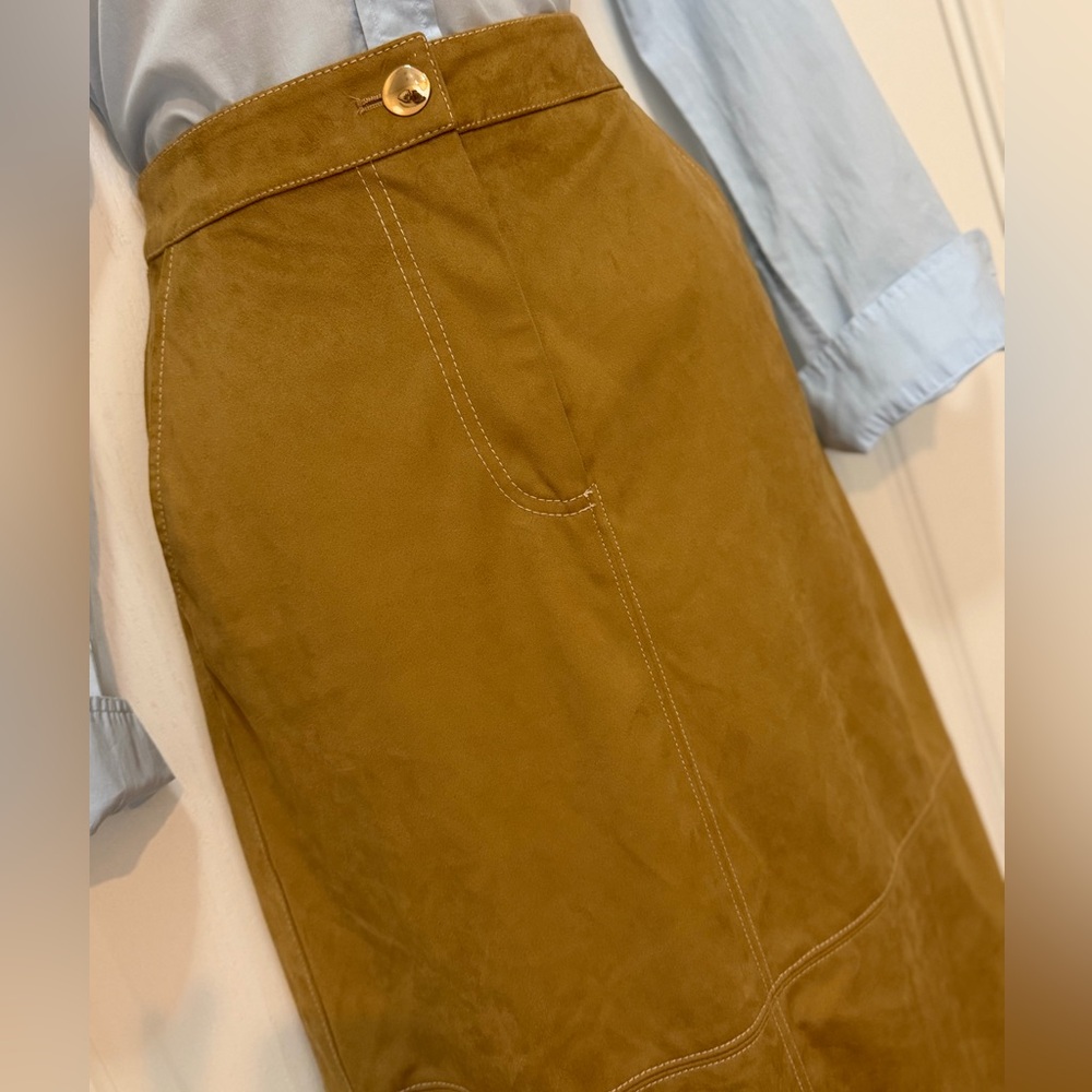 Staud Caramel Tan Poly Suede Retro Midi Maxi Pencil Column Skirt, Size 2 EUC - Picture 8 of 15